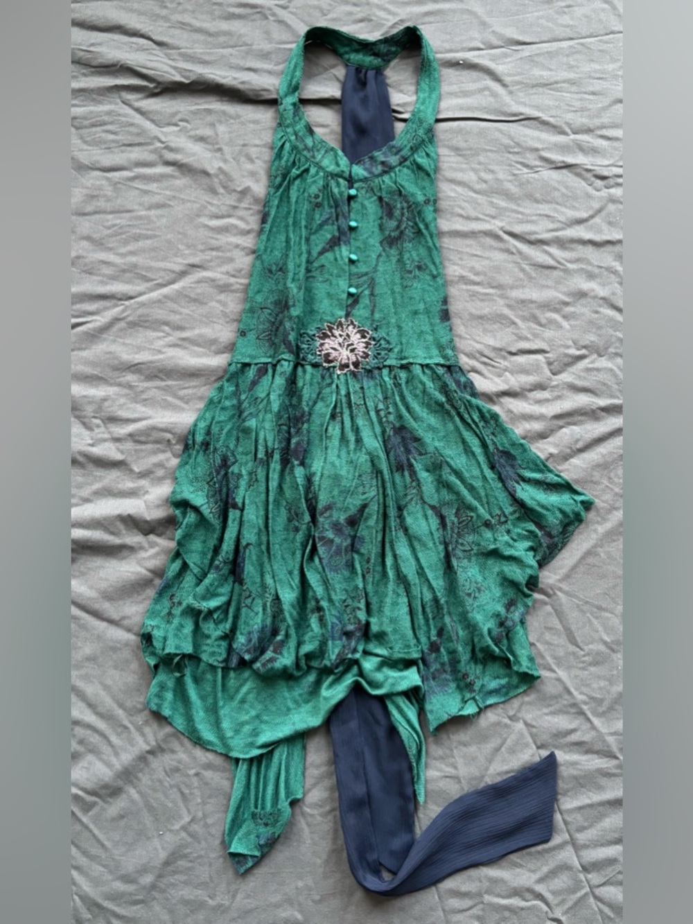 NWT Free People Green Backless Halter Top with Navy Tie
